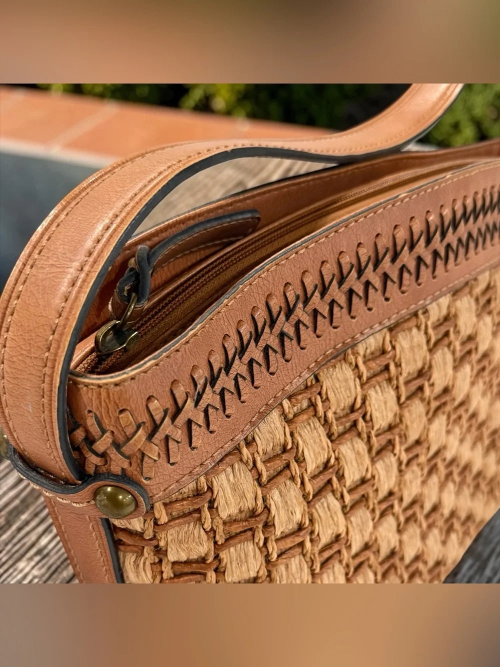 Vintage Fossil Woven Raffia & Leather Shoulder Bag - Brown